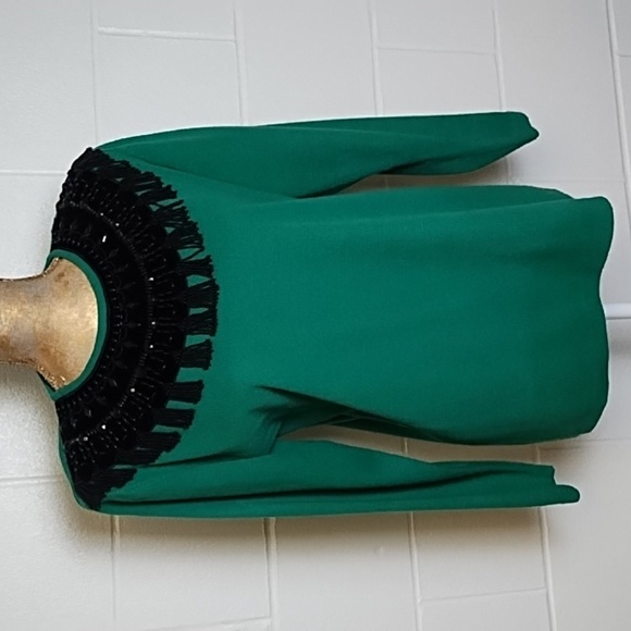 Vintage Regency By Joyce True Green Sweater Beading on Black Velvet Neckline - Picture 1 of 11